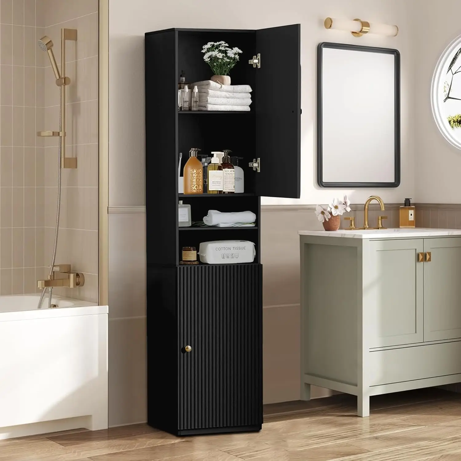 Freestanding Bathroom Storage Cabinet, 2 Door Tall Slim Storage Cabinet with Open Storage Shelves