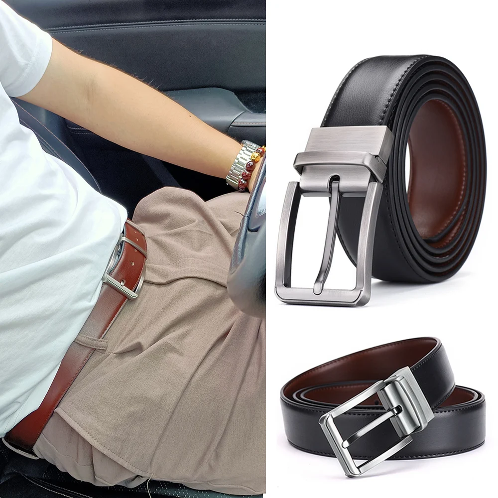 

Men Business Casual Genuine Leather Belt Double Sided Convenient Rotating Buckle Belt Black Brown Waistband