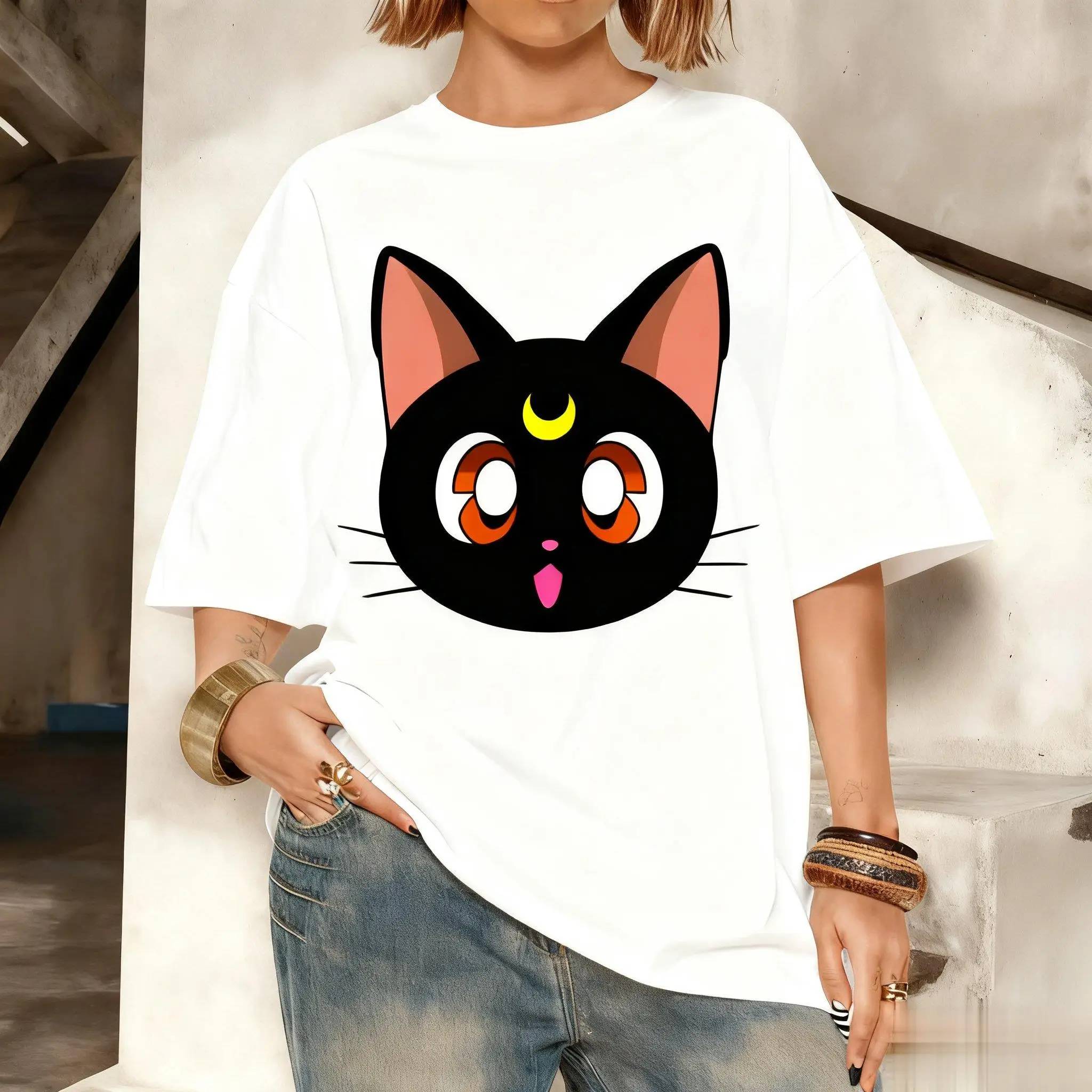 

Sailor Moon Luna Cat Anime Print Cotton T-shirt Women Men Casual Short Sleeve Summer Tops Loose Streetwear Graphic Tee Fashion