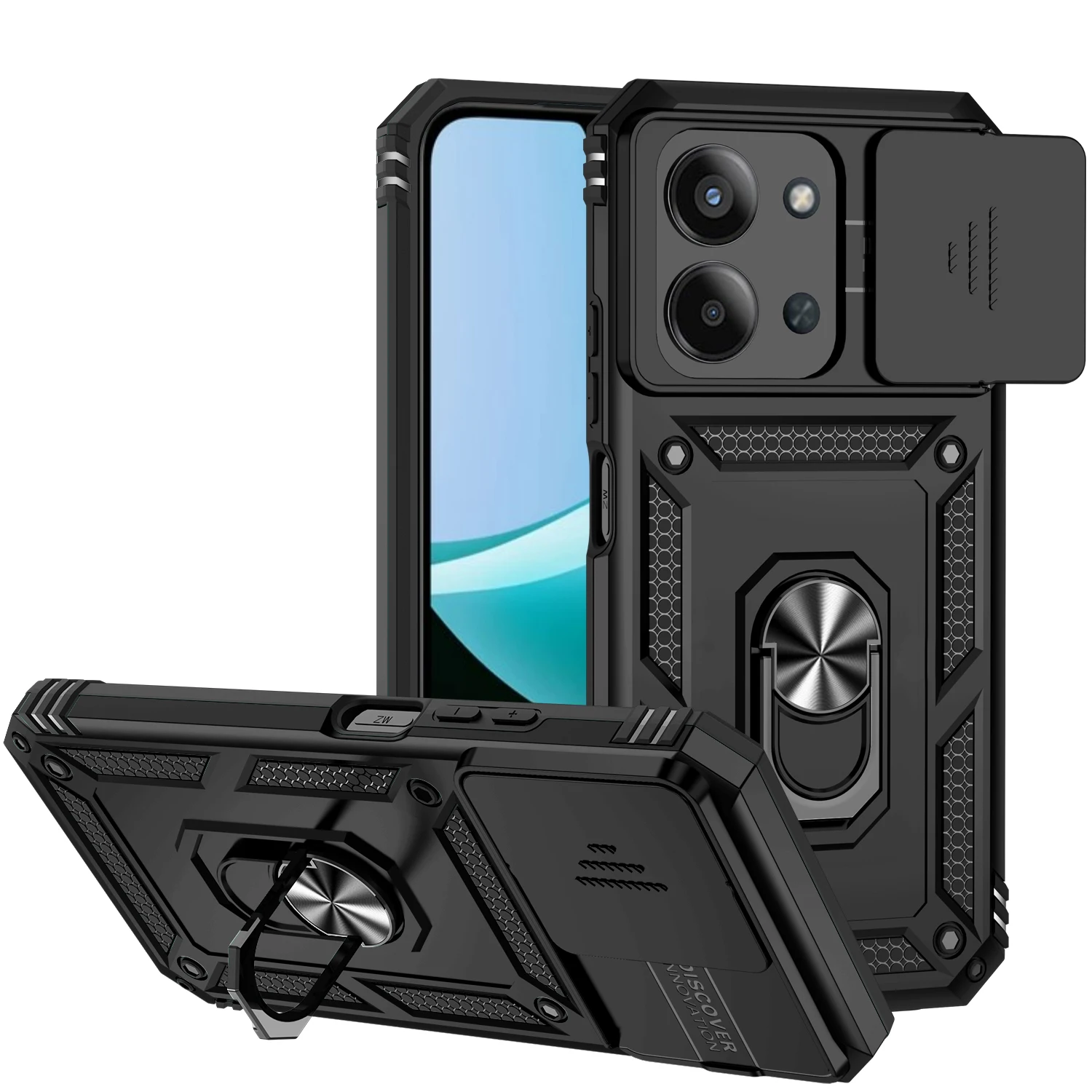 Armor Shockproof Case For Xiaomi Redmi 15C 4G 5G 173.2mm Metal Ring Holder Sliding Window Camera Lens Protection Back Cover