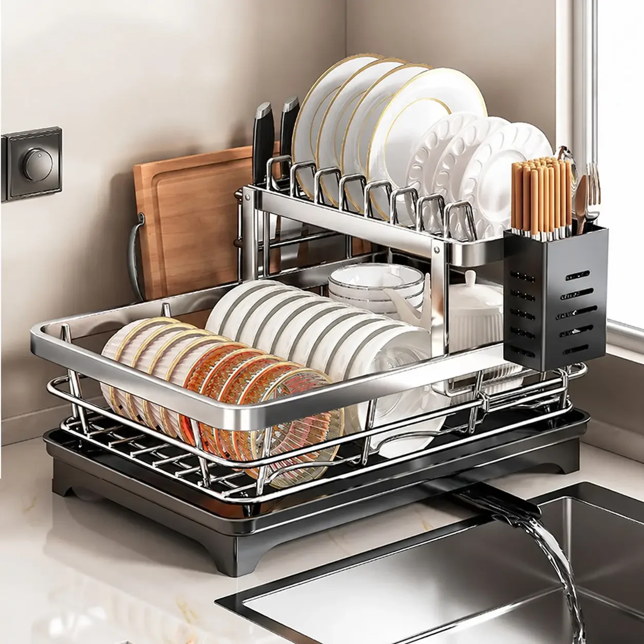 Stainless Steel Dish Drying Rack, Dish Rack, Plate Rack with Drain Tray, Knife Holder, Countertop Organizer for Bowls & Utensils