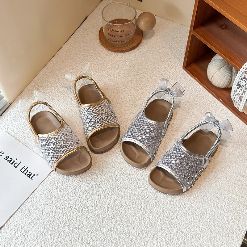 Girls Summer Rhinestone Mesh Slide Sandals, Bow Decor Soft Sole Kids Slippers Gold/Silver Non-slip Casual Footwear for Children