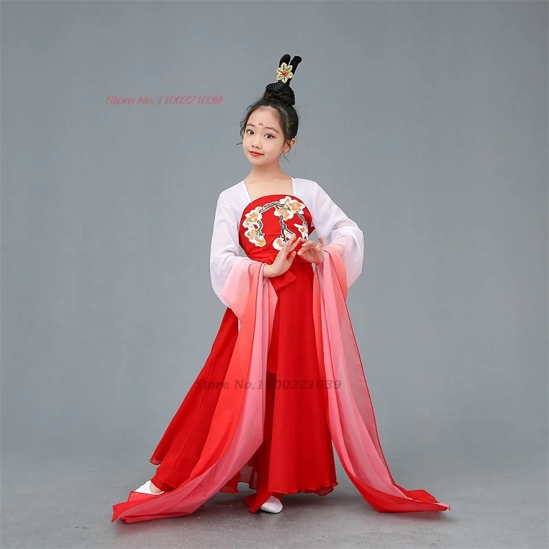 2025年 伝統的な中国の子供たちのダンス衣装 花刺繍漢服ドレス レトロなステージパフォーマンスドレス 古代の民族舞踊