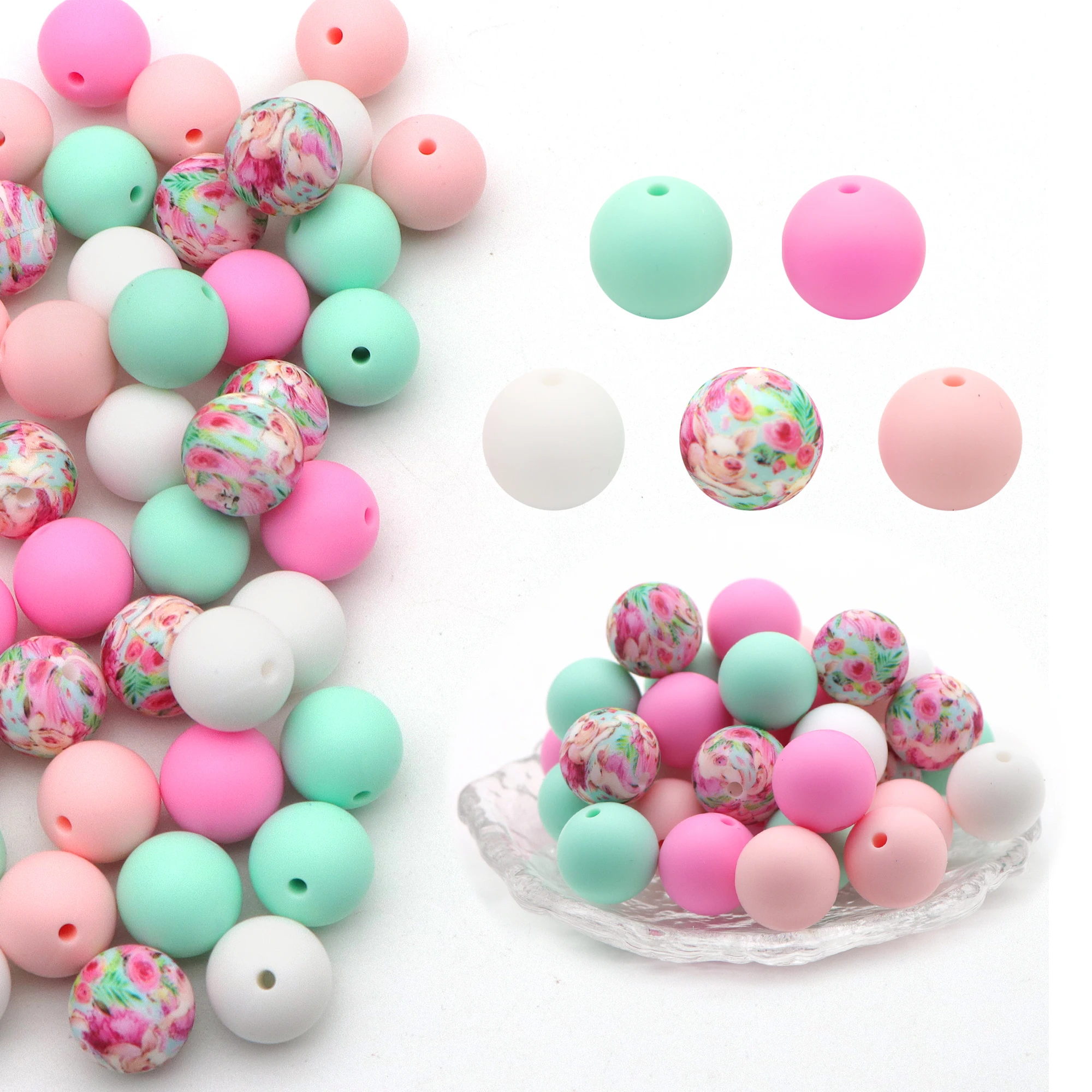 50 Pcs/Set Silicone Focal Beads Animals Printing Loose Beads Lentil Round Set Keychain Bracelet Necklace Accessories DIY Jewelry