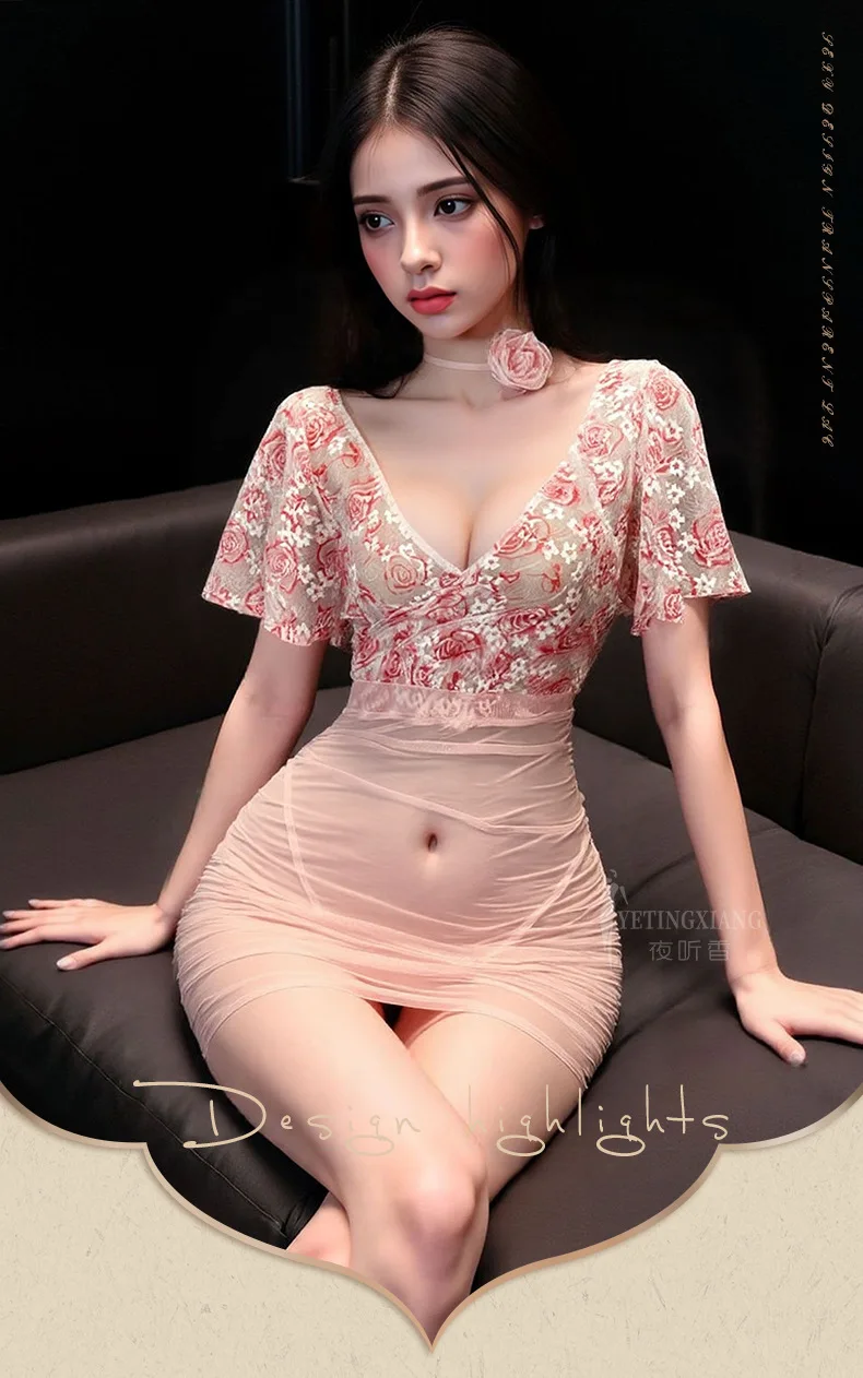 เซ็กซี่ลึก V ดอกไม้ Rose เอวสูงสะโพกห่อดอกไม้เย็บปักถักร้อยโปร่งใสเซ็กซี่ลึก V แขนสั้นชุด Charming 165Q