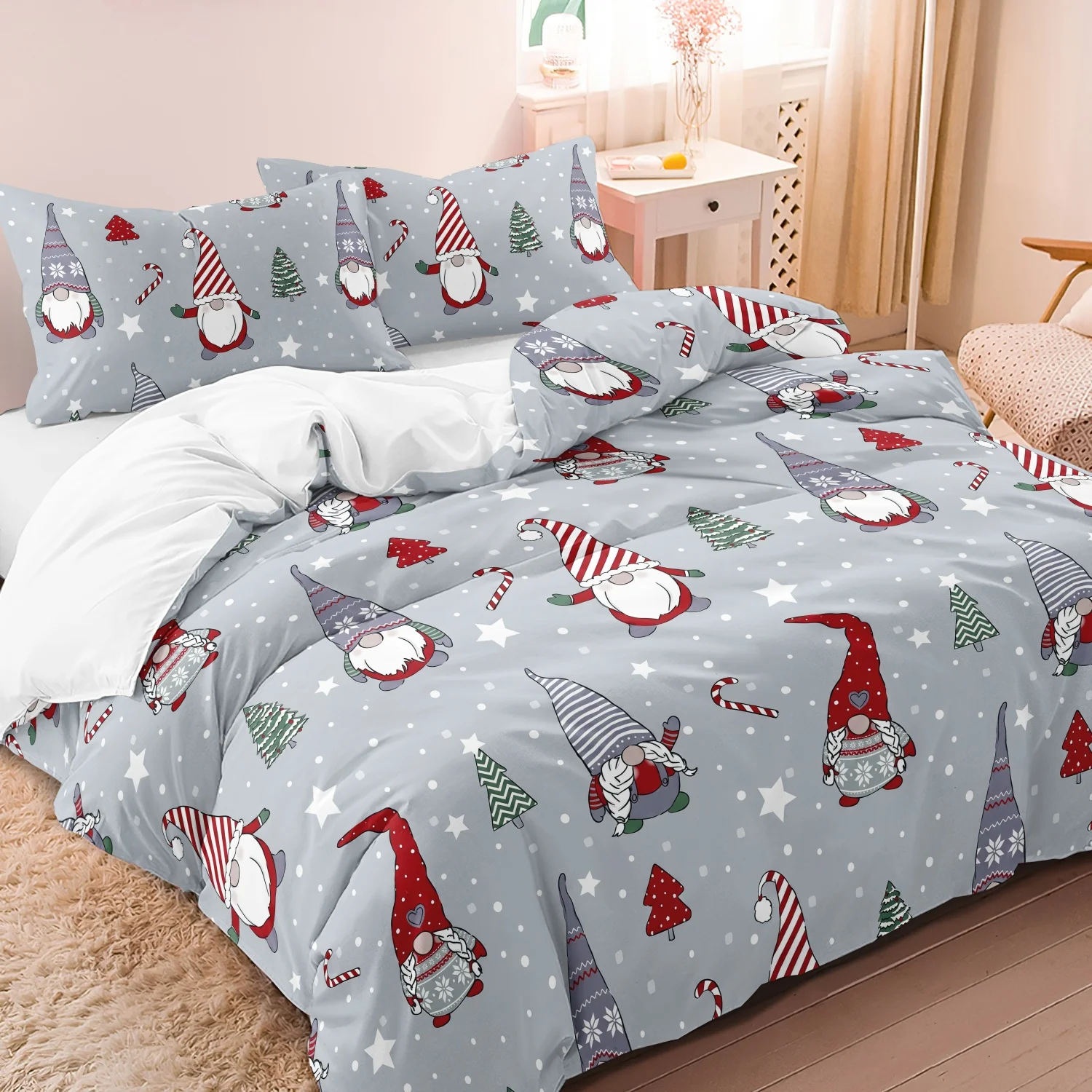 3Pcs Light Gray Allover Christmas Tree Candy Cane and Star Snowflake Print Duvet Cover Set, Christmas Cute Gnomes Bedding
