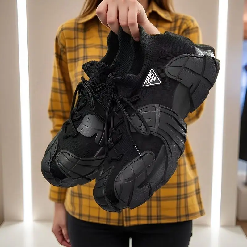 

Мужская обувь с вязаными носками — обувь с дышащей сетчатой поверхностью для занятий спортом на открытом воздухе, противоскользящая, износостойкая повседневная обувь на толстой подошве