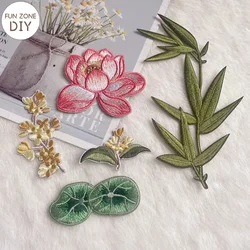 FZdiy Lotus Bamboo Flowers Clothing Self-adhesive Patches Stick on Embroidered Patch on Clothes Fusible Patch Appliques Badges