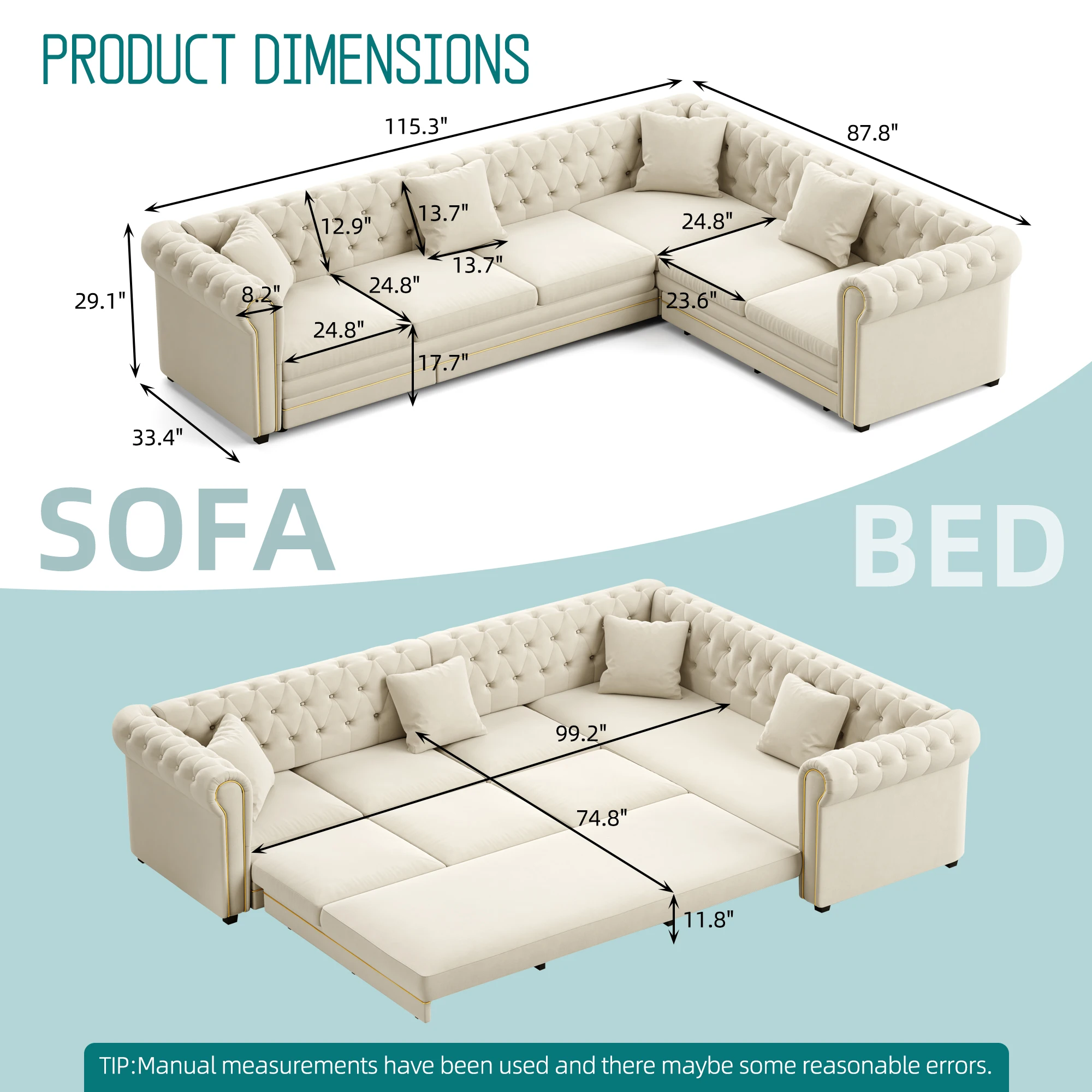 115.3-Inch L-Shaped Two-In-One Convertible Sofa Bed With Velvet Fabric Button-Pull Desig Gold Decorative Rolled Armrests An Ultra-Large Deep-Seated Luxurious Soft Modular Sofa With Cushions A Comfortable Space-Saving Sleeping Area Module Sofa Suitable