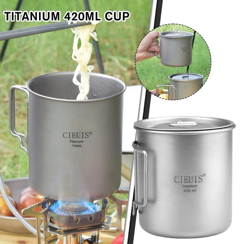 

420ML with Foldable Handle Titanium Cup with Lid Boil Water Drinking Cup Ultralight Pure Titanium Picnic Water Cup Camping