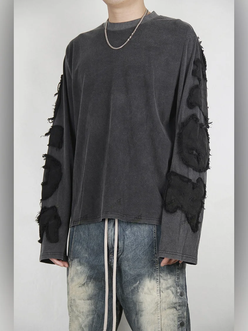 

k Ages RO Hem Letter Patchwork Long Sve Sweatirt T-irt Loose Street Sle Hip Hop Cotton Fabric Casual round Ne