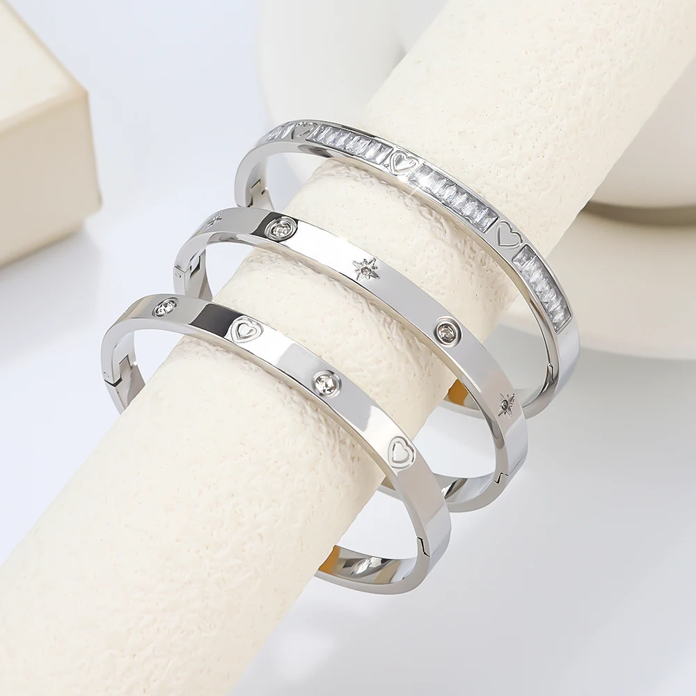 

3Pcs/Set Stainless Steel Silver Color Women's Cuff Bracelet Bangle Set, Shiny Minimalist Style Waterproof Jewelry Gift