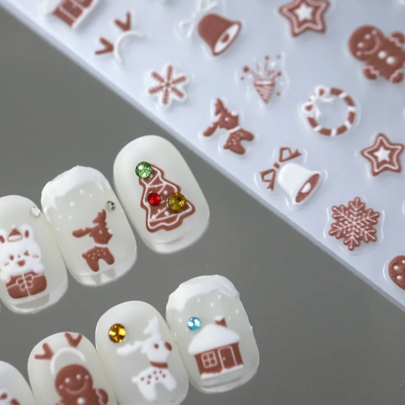 Winter Gingerbread Man Snow Cute Deer Bear 5D Embossed Relief Self Adhesive Nail Art Sticker Christmas Cartoon 3D Manicure Decal