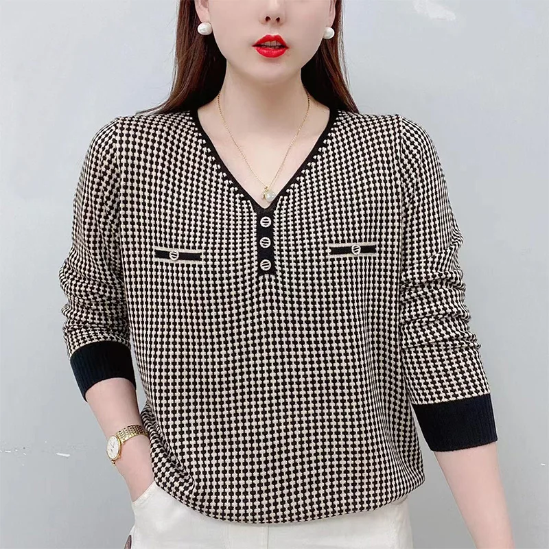 Autumn Winter Oversized V-neck Vintage Houndstooth Loose Casual T-shirt Female Long Sleeve Wild Pullover Top Women Bottomed Tee