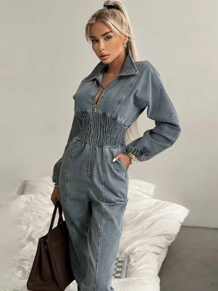 

Spring Autumn Women Street Style Denim Jumpsuit Trendy Leisure One Piece Pants Long Sleeve Zip Front Ruched Waist Baggy Denim Ro