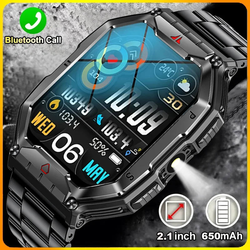 

New Rugged Military With LED Flashlight Smart Watch Men Heart Rate Bluetooth Call Waterproof Outdoor SmartWatch For Android ios
