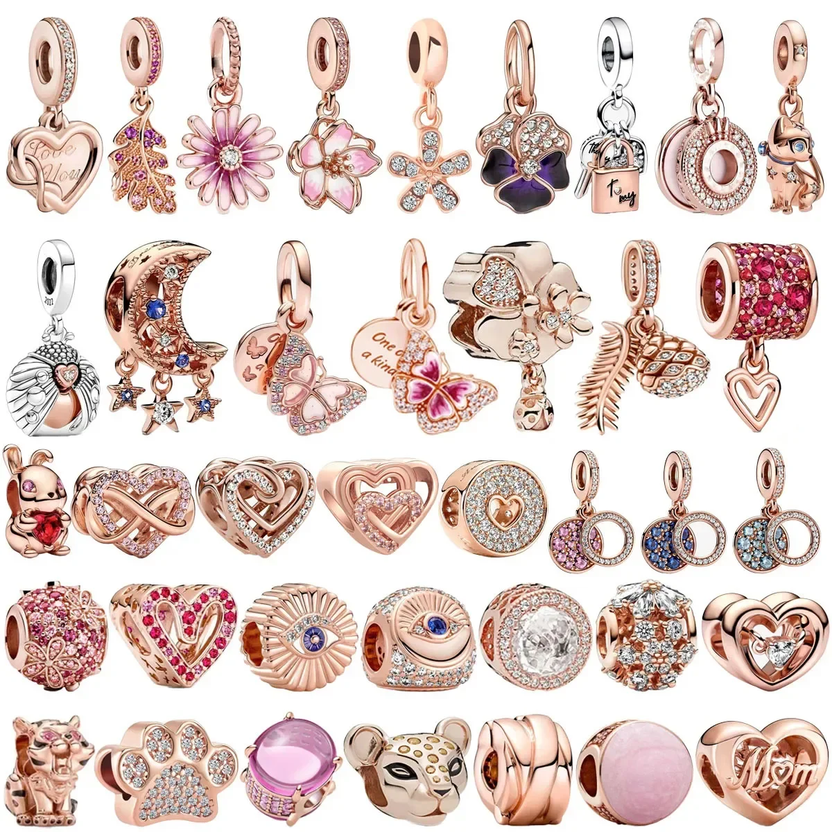 

Original 925 Silver Plated Rose Gold Flower Mother Animal Heart Star Beaded Pendant for Pandora DIY Bracelet Ladies Jewelry Gift