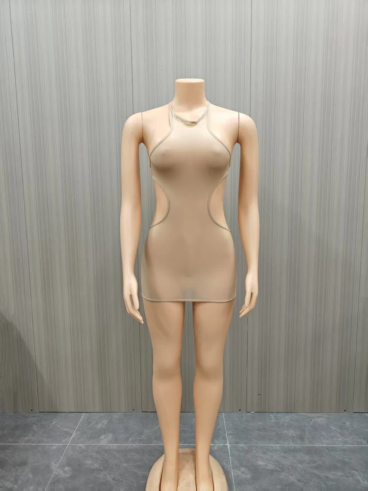 Sexy Neckholder-Minikleid aus Mesh für Damen, seitlich ausgeschnitten, durchsichtig, figurbetont, dehnbar, kurzes Kleid für Nachtclubs, Partys und Ausgehzwecke. – Detail 11