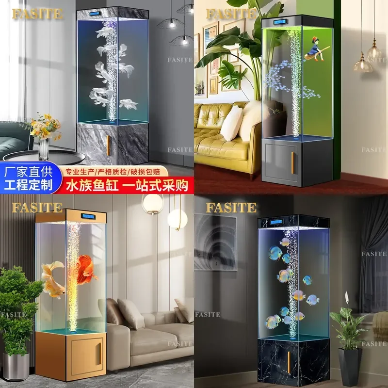 For Vertical Four Corner Fish Tank Light Luxury Marble Pattern Living Room Household HD Ultra White Glass Silent Cycle