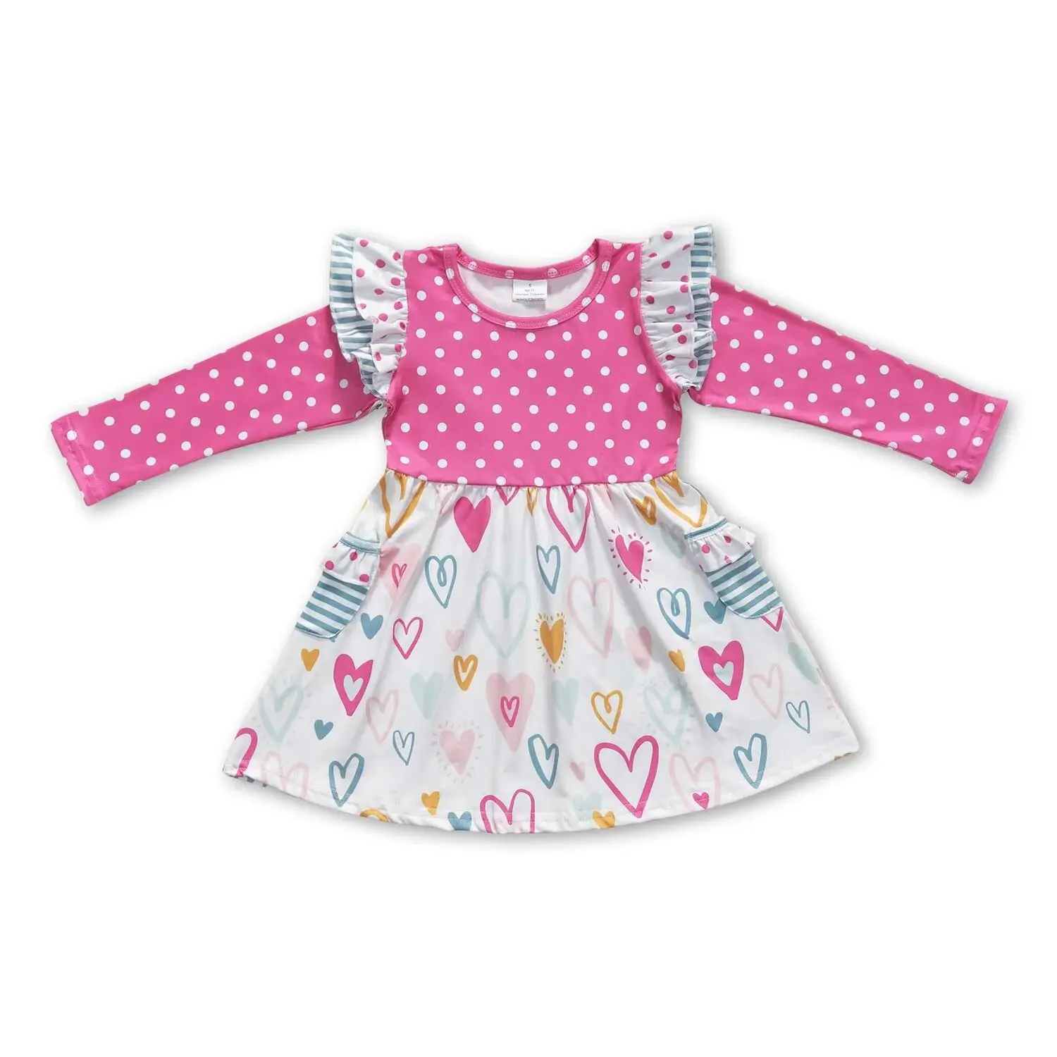 

Baby Girls' Valentine's Day Knee-Length Dress Pink Dots Long Sleeve Heart-Shaped Pockets Girls' Outfit for Special Occasions