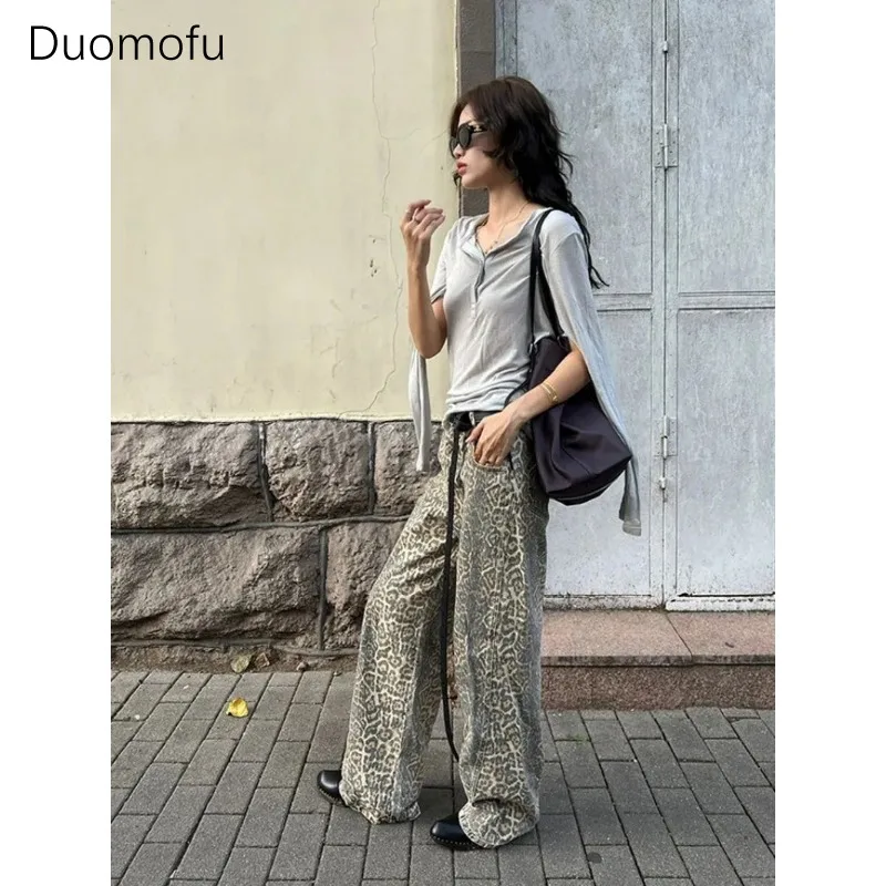 Duomofu American Leopard Wash Jeans Women Y2K Retro Street Hot Girl Loose Korean Style Casual Hot Girl High Waist Straight Jeans