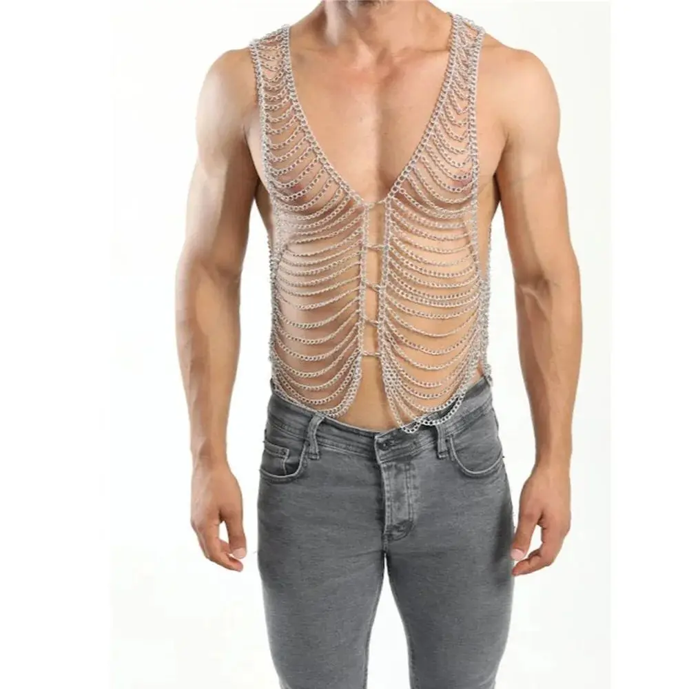 European & American Sexy Men's Openwork Tank Top Nightclub Party Statement Multi-Layer Body Chain Versatile Top