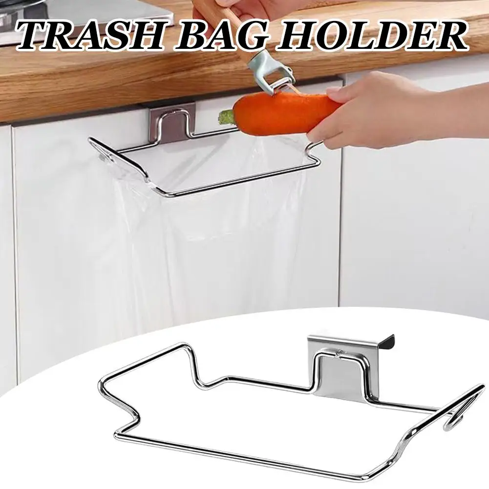 Stainless Steel Kitchen Trash Bag Holder Cabinet Door Mount Organizer Closet Storage Waste Bin Rack Garbage Can Tool