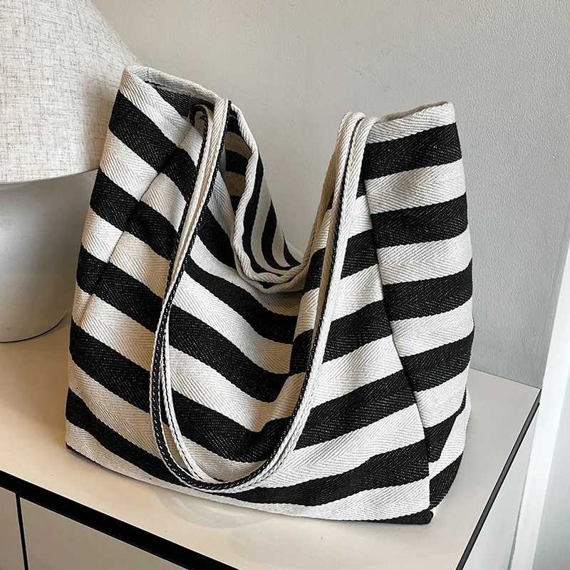 

Women's Black White Striped Canvas Tote Bag Large Capacity Hobo Bag Casual Shoulder Handbag for Shopping Beach Travel Daily Use