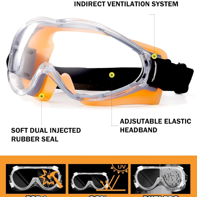 Safety Goggles Over Glasses for Men and Women, Anti Fog Scratch Resistant, Eye Protection, Adjustable Elastic Headband