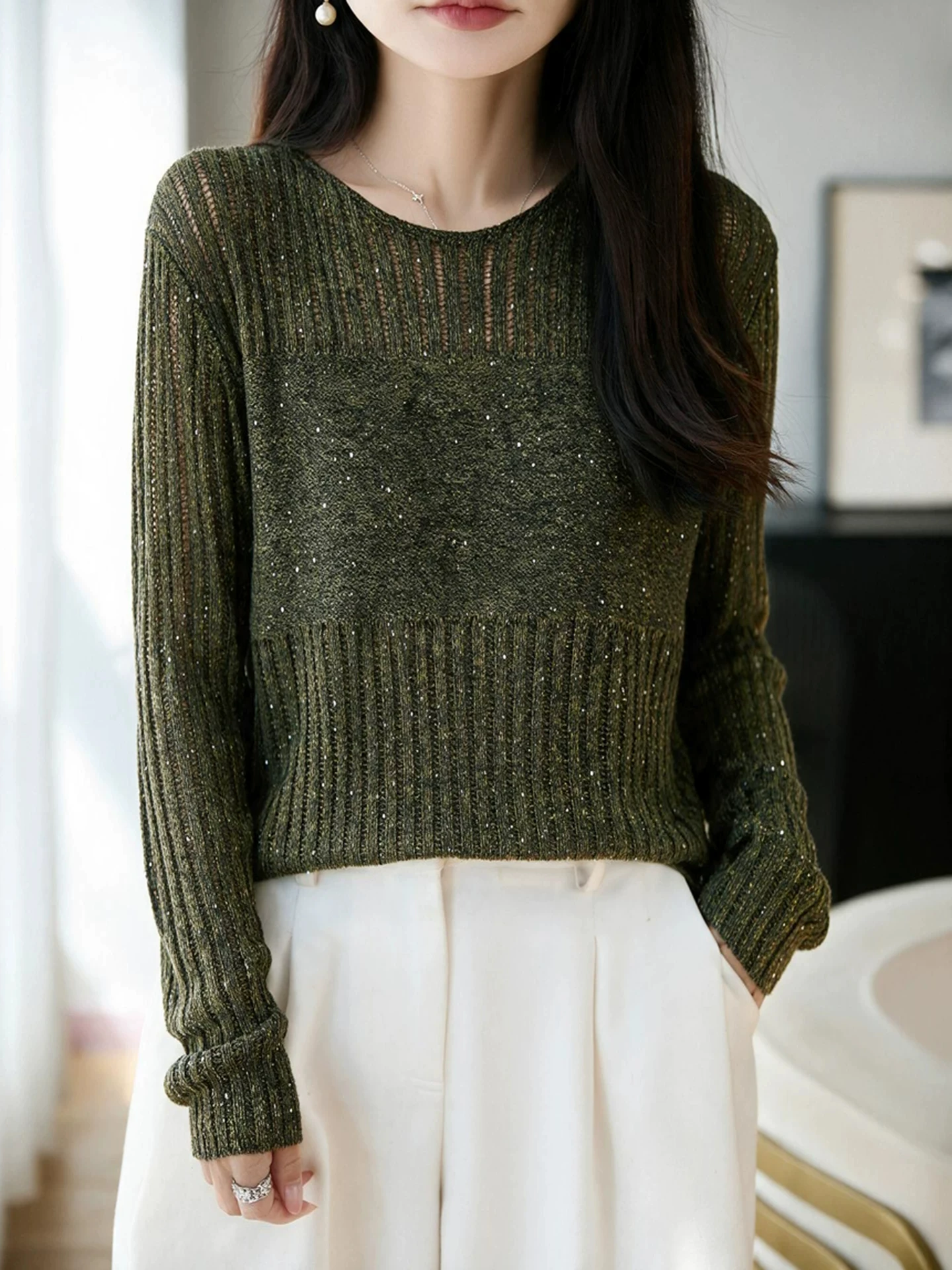 Lace Hollow out Thin Wool Knitted Sweater Women's round Neck Long Sleeve Loose Style UV Protection Slimming Top