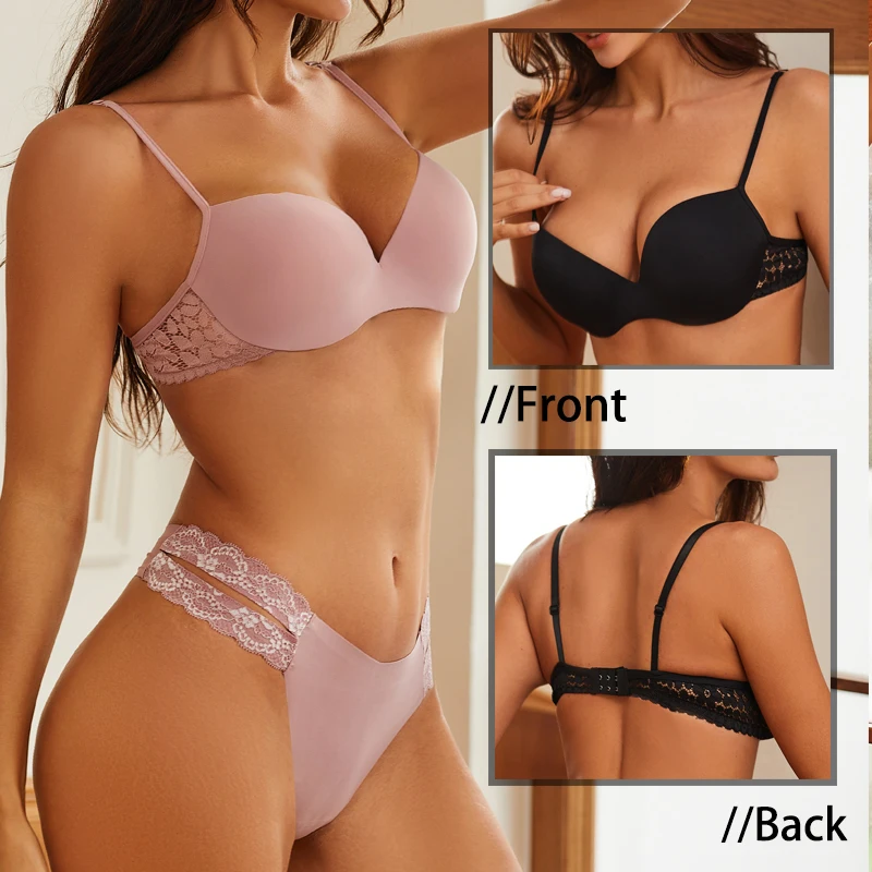 Women Sexy Lace Panties 3/4 Cup Push Up Bralette Seamless & Lace Splicing Brassiere Solid Color Adjustable Straps Underwear