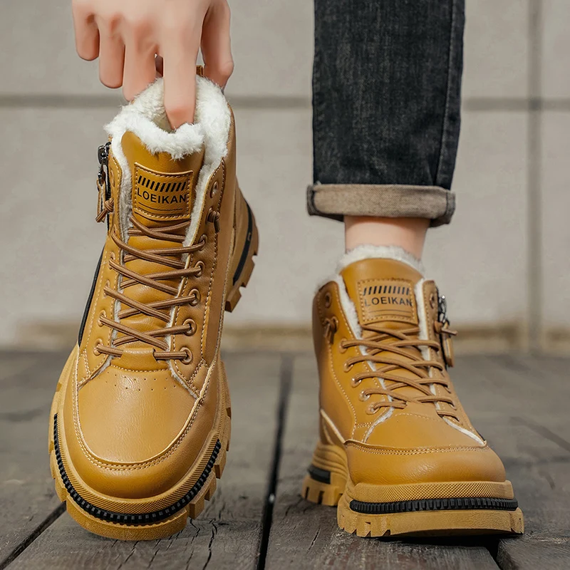 メンズプラスサイズ冬カジュアルファッション滑り止めハイカットワークシューズアウトドアコンフォートシューズ耐摩耗性厚手コットンシューズ