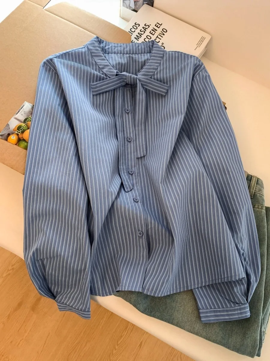 

Elegant Blue Striped Loose Women's Shirt Knot Top Single Wear Spring Fashion Korean Style Commute Wind Regular Sleeve