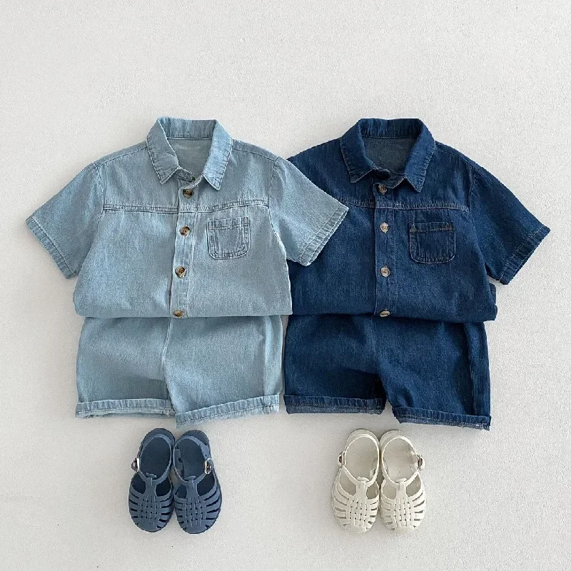 2024 Children's Set Summer Boys Cowboy Short sleeved Top Girls Baby Button Cardigan Short sleeved Casual Cowboy Shorts Set