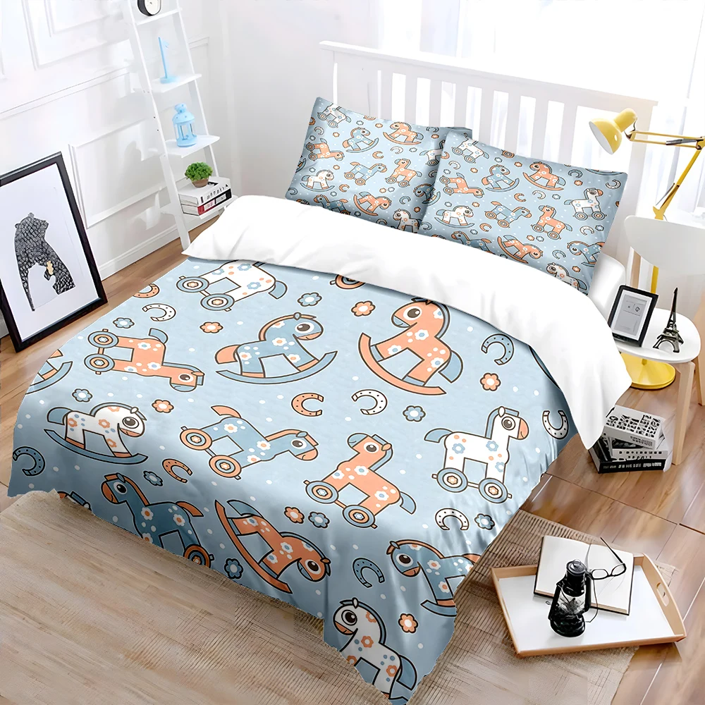 Cartoon Toy horses and flower Pattern Duvet Cover Set Digital Print Colorful Polyester Bedding with Zipper Closur for kids gifts