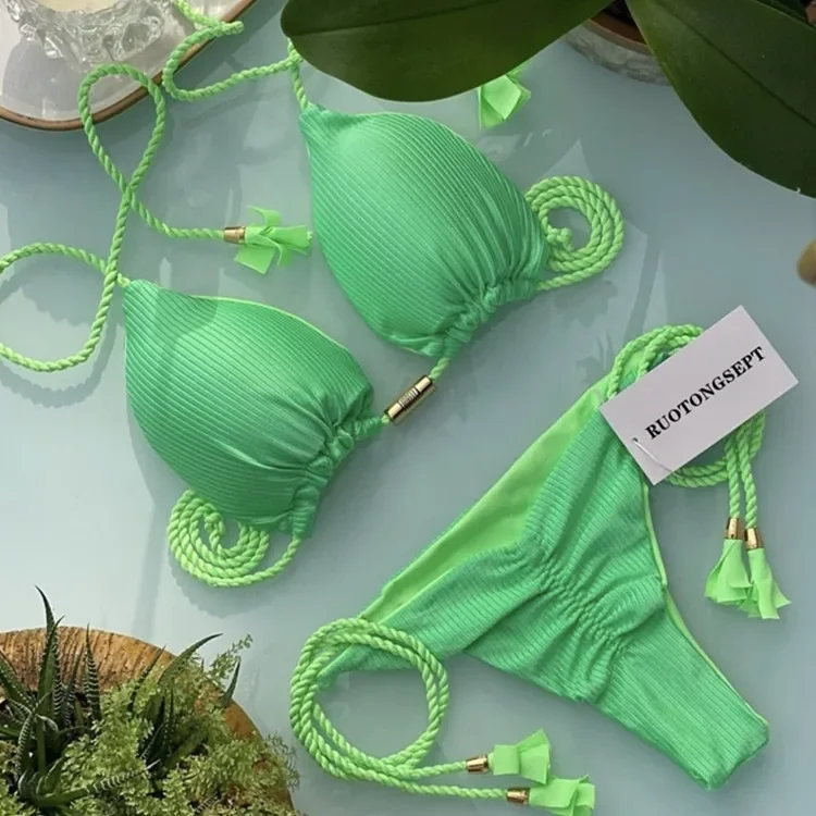 Baju renang seksi Set Bikini wanita baju pantai Bikini Kolor pakaian renang macan tutul dua potong baju renang baju mandi renda Set Bikini pantai