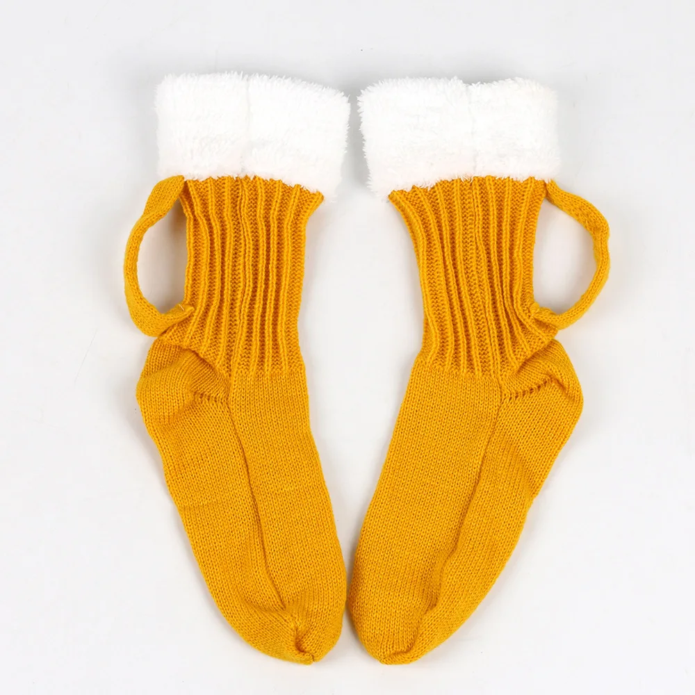 1 Pair Pack Beer Socks, Chunky Knit 3D Beer Mug Socks, Warm Winter Crew Socks, Non-Slip Floor Slipper Socks for Men Women