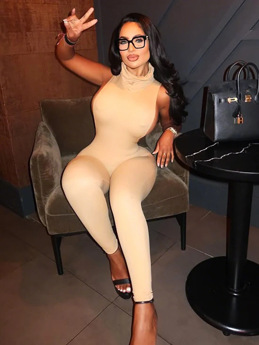 Stsss moda sólida gola alta sem costas macacão feminino elegante sem mangas cintura alta magro estiramento uma peça macacão streetwear