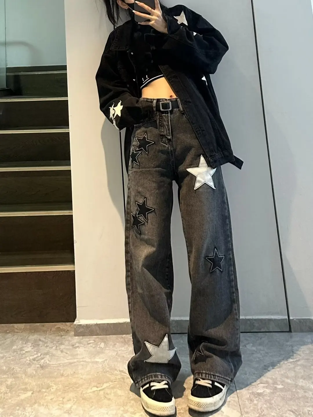 IMU Star Print High Waist Jeans American Retro High Street Straight-leg Pants Patchwork Long Trousers Y2k Fashion Streetwear Bag