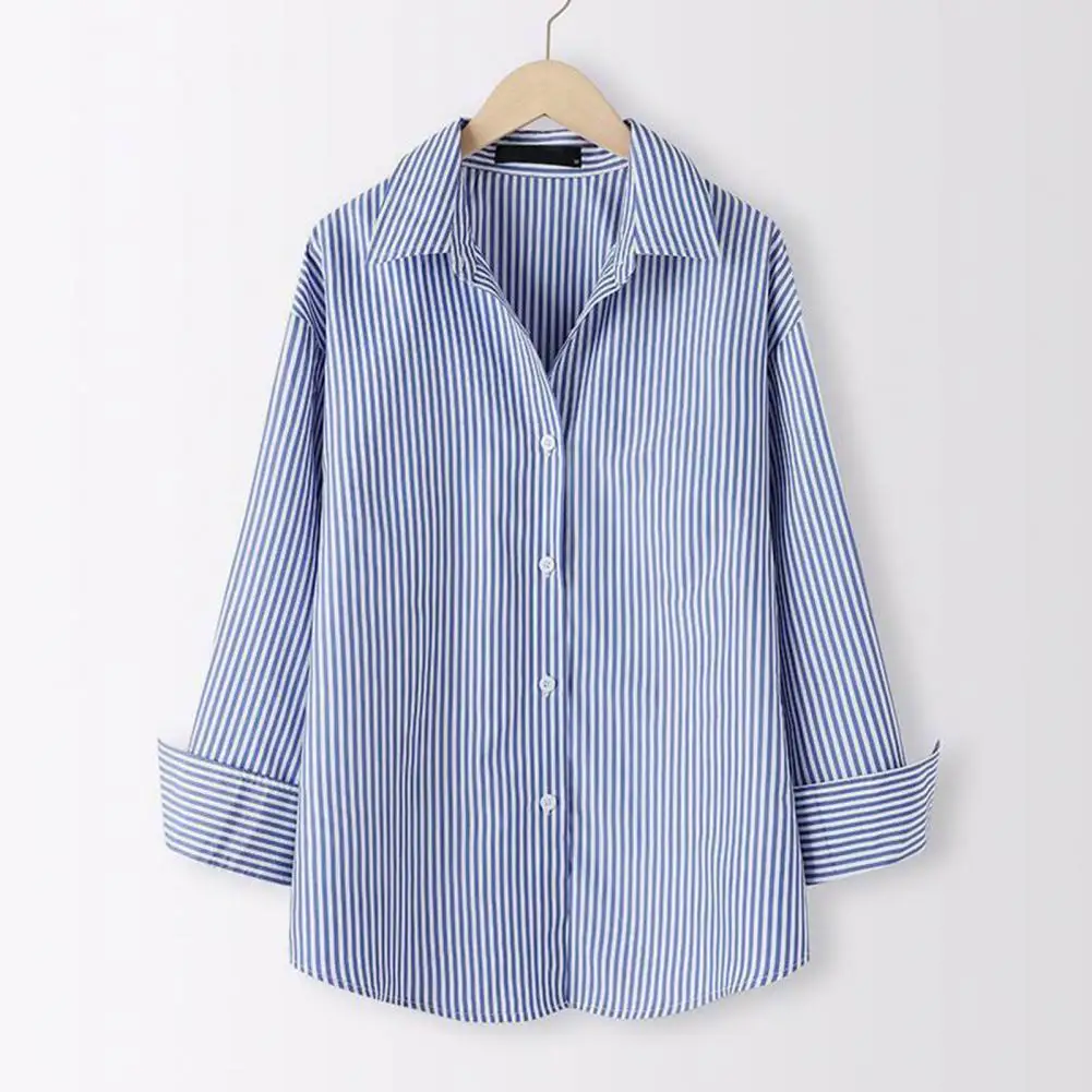 Chemise chic à rayures verticales pour femmes, style bureau décontracté, simple boutonnage, revers