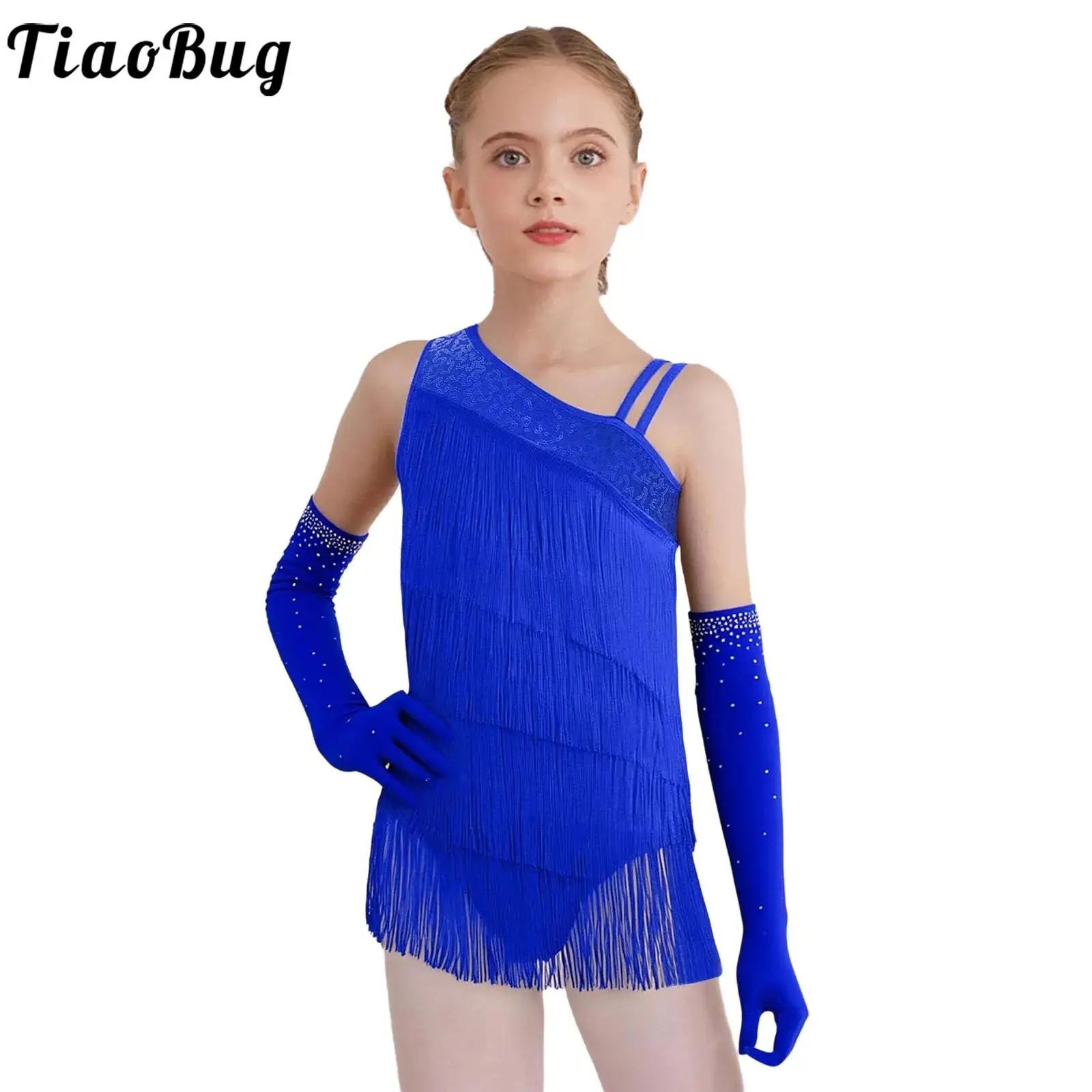 

Girls Fringed Dance Leotards Rhinestones Asymmetrical Leotard Figure Skating Rhythmic Gymnastic Tassel Bodysuit Dress Dancewear