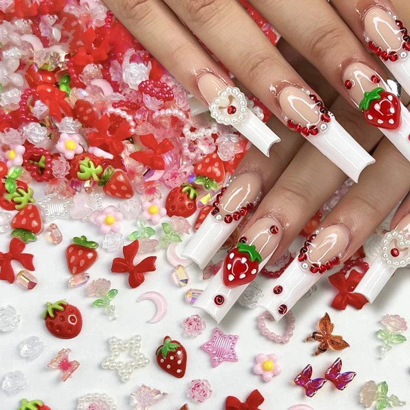 100Pcs Mixed Shaped Nail Charms Random Strawberry Flowers Kawaii Sweet Resin For Art Flatback Bowknot DIY Nail Decoration Manicu