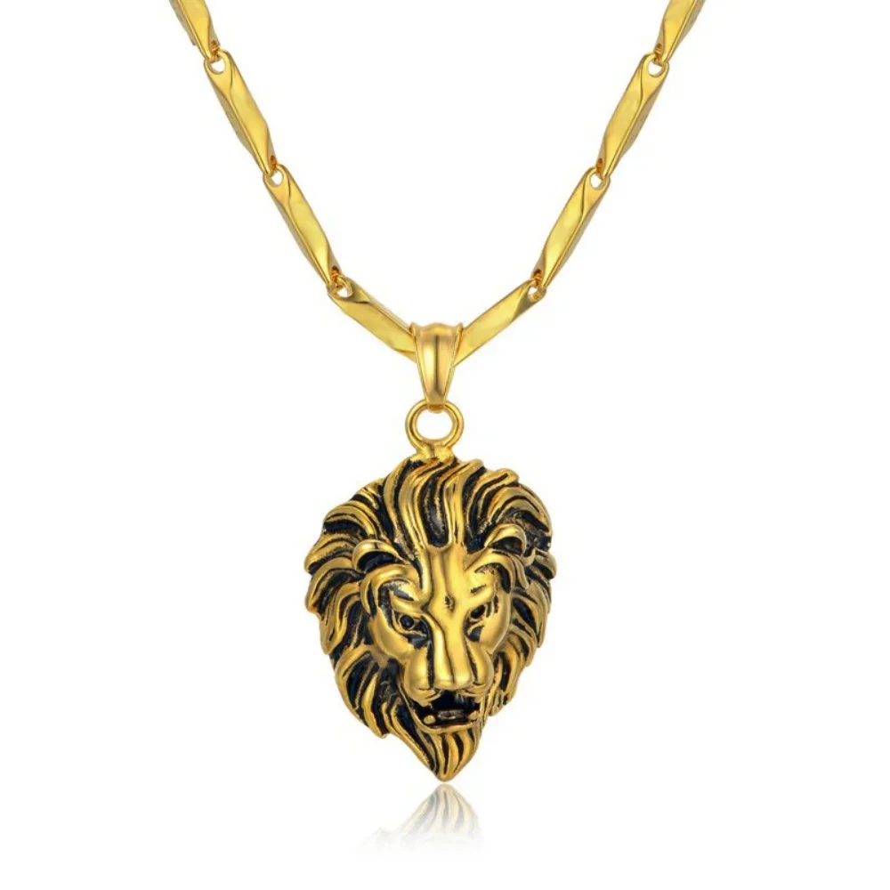 316L Stainless Steel Lion Head Necklaces Pendant Mens Gold Color RU Hot Link Chain & Pendant Punk Jewelry For Man Male