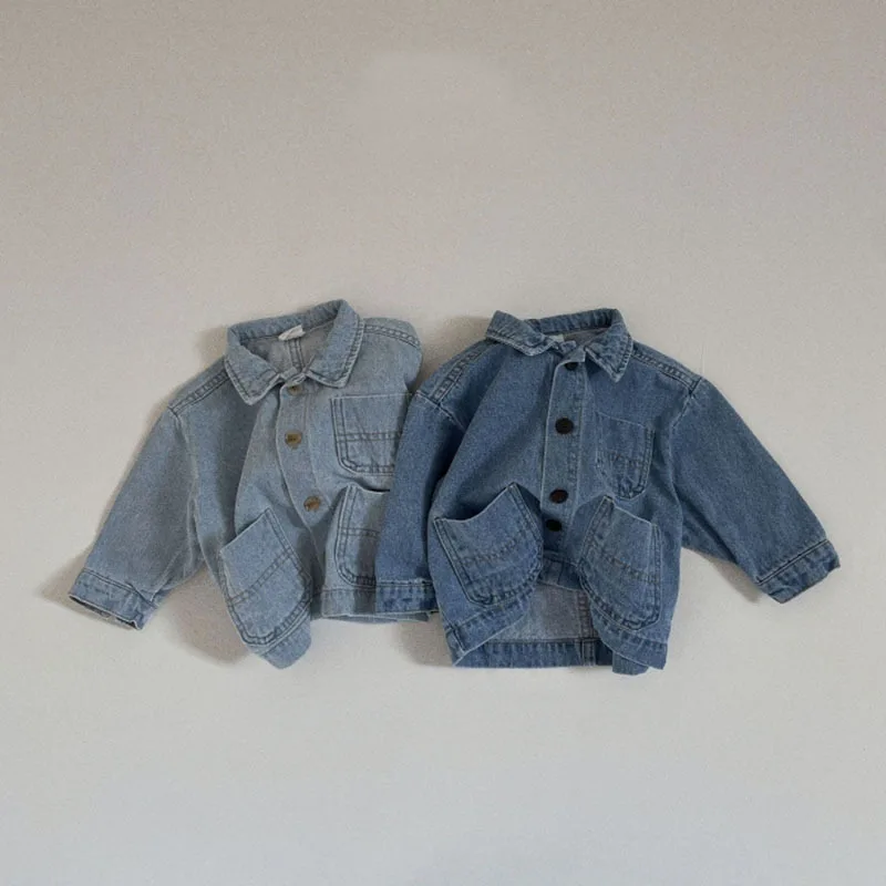 Infant Long Sleeve Coat Solid Baby Soft Denim Jacket Lapel Casual Boys Pocket Jacket Children Clothes New Girls Denim Coat