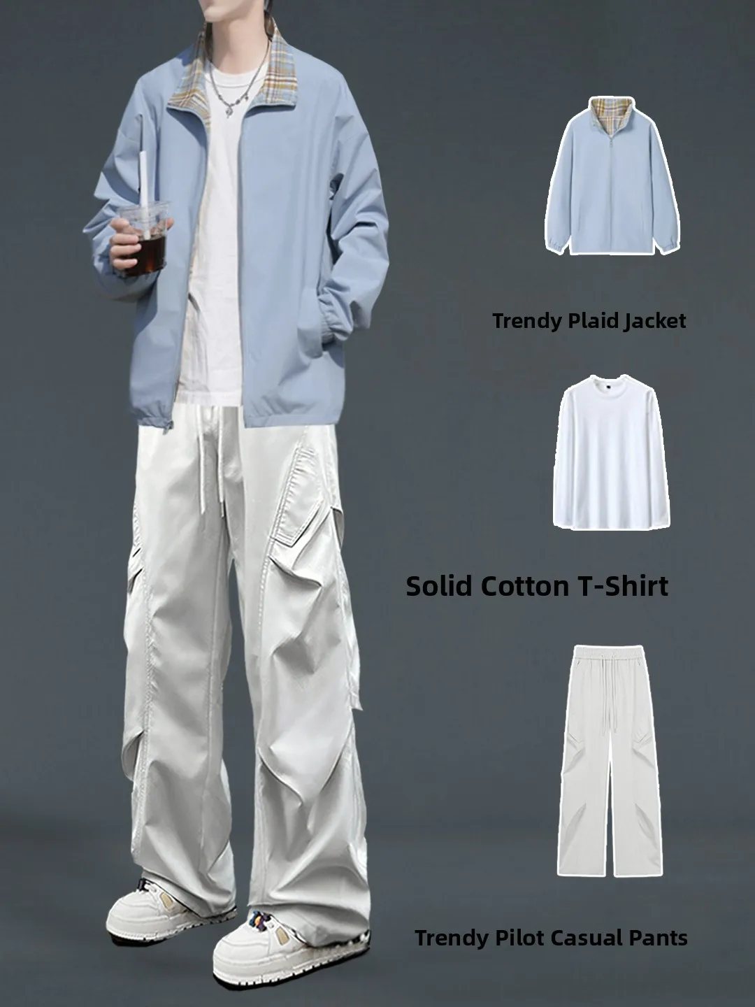 

Trendy Plaid Patchwork Jaet Outerwear for Men Spring Autumn Casual American Sle Cool And Haome Youthful Ensemble Set