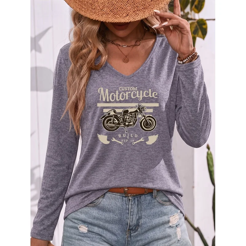 Vintage Motorcycle Graphic Print V Neck Long Sleeve T Shirt Rugged Nostalgic Motorcycle Culture Style Casual Daily Wear Travel V