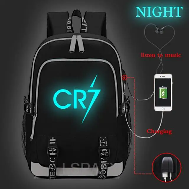 High quality Cristiano Ronaldo CR7 Luminous USB Charge Tenns backpack USB charging CR7 rucksack men women Mochila