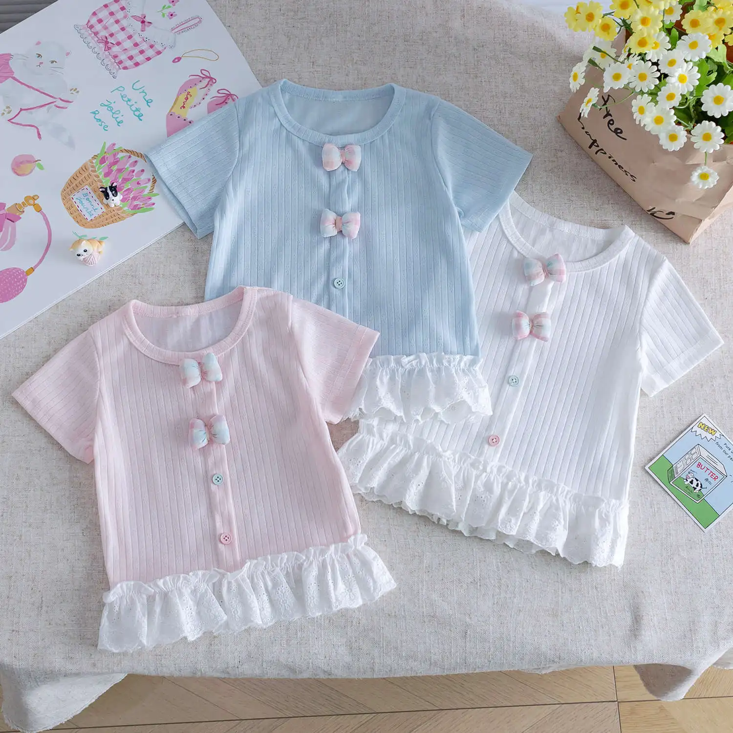 Girls' 2025 Summer New Short-sleeved Top for Baby Sweet and Three-dimensional Candy Lace T-shirt Base Layer Shirt