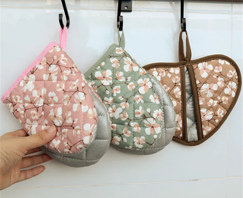 Japanische Blume Baumwolle gedruckt Backofen Handschuhe Home Küche heiß beständig herzförmige Hand Clip Isolierung Pad – Detail 11