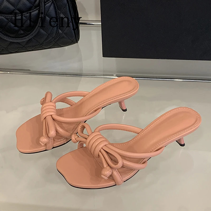 

Hlieny 2026 Summer New Narrow Band Handmade Bowknot Slippers Slides Women Thin Low Heel Sandals Fashion Ladies Dress Shoes